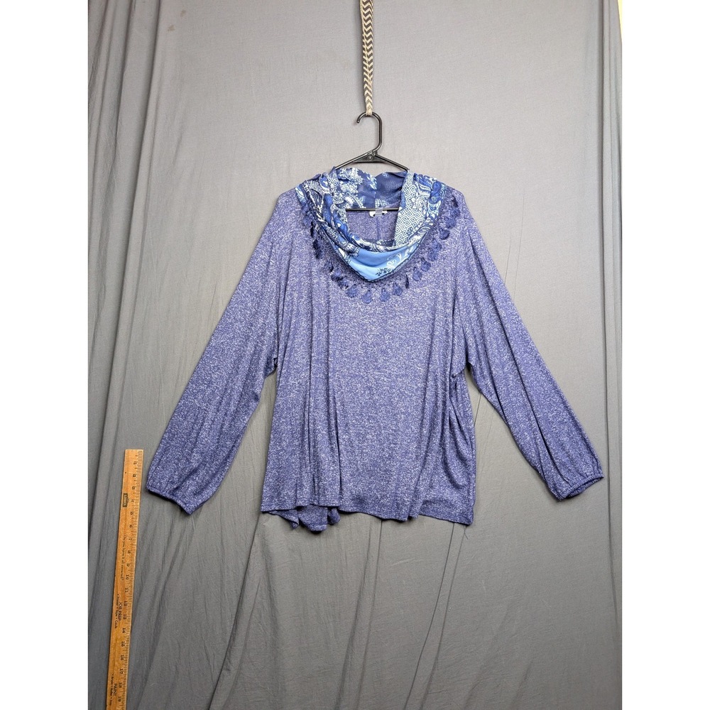 Avenue Blue Heathered w Tassled Scarf‎ L/S Stretch Tunic Top V54- Size 30/32